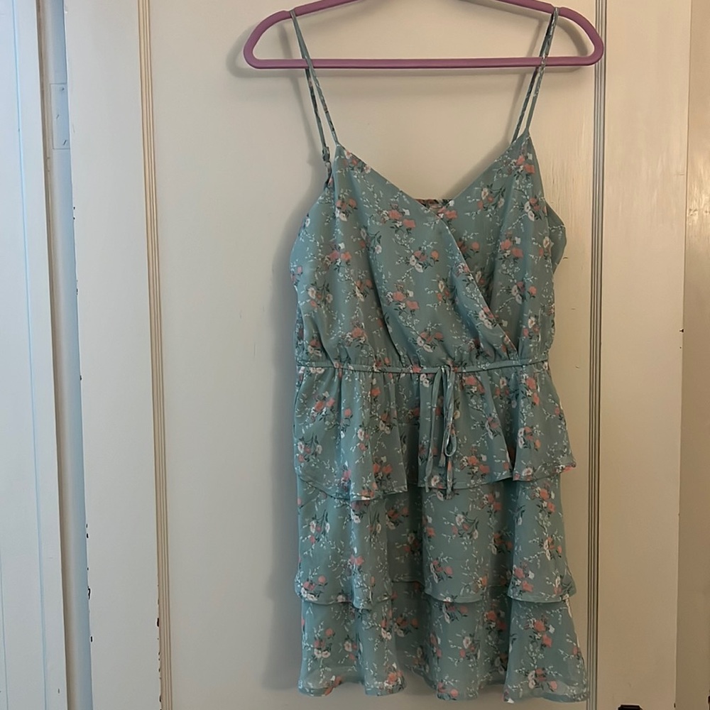 TRIXXI Tiered Ruffle Dress in Sage and Dusty Rose Floral pattern.